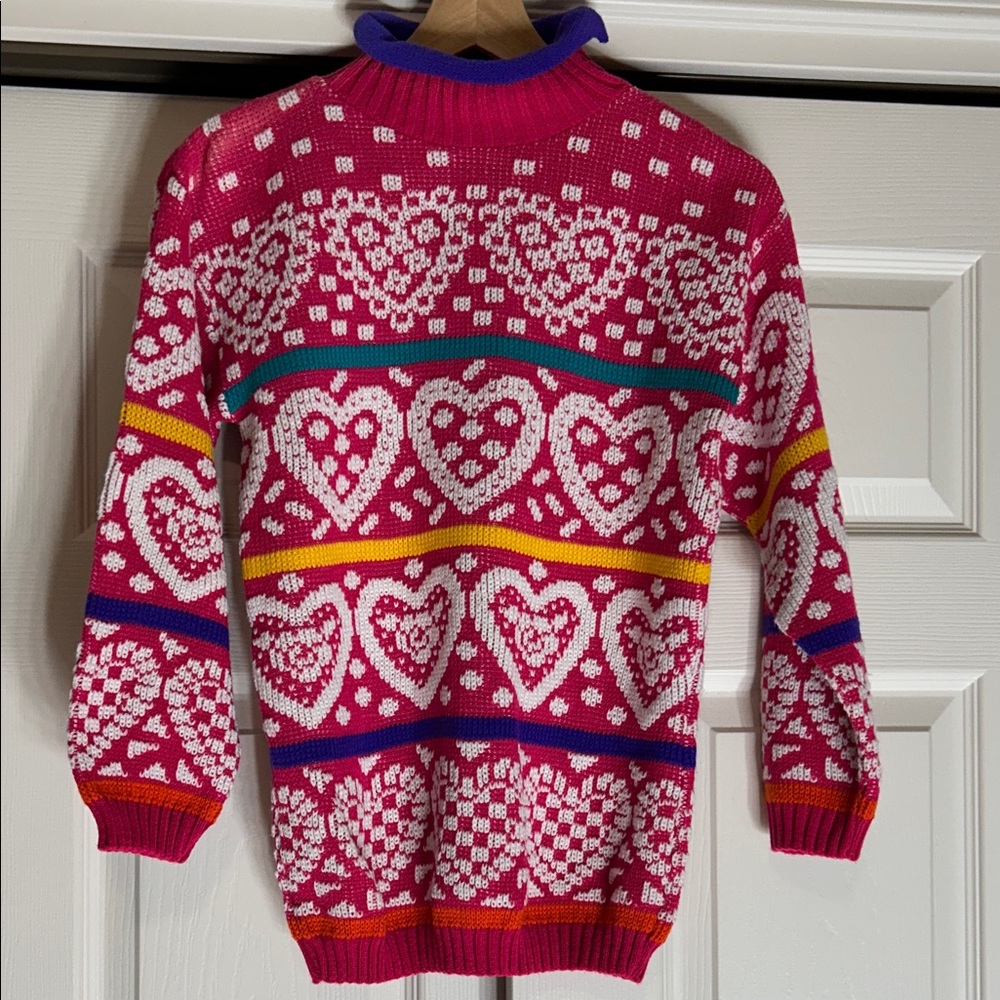 Vintage Jet Set Heart Pattern Girls Oversized 10/12 Turtleneck Sweater 90's